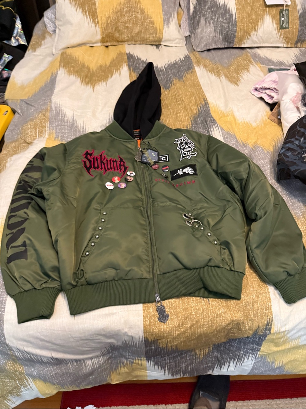 Civil Regime Sukuna Kaisen Olive Green Hooded Puffer Jacket with Patch Details